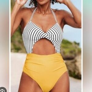 NWT Cupshe Halter Criss Cross Black/White Yellow One Piece Cut Out Swimsuit L